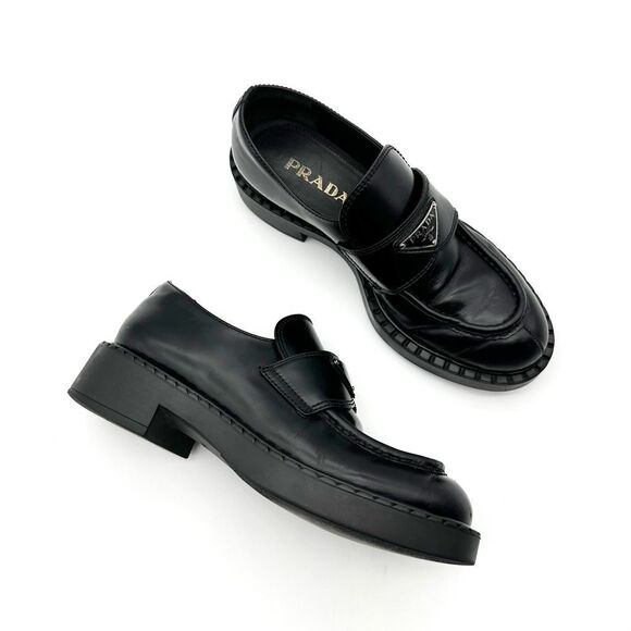 PRADA Black Lug Sole Loafer Size 37.5 Platform Monolith Leather Chunky Heel Logo - Picture 12 of 12